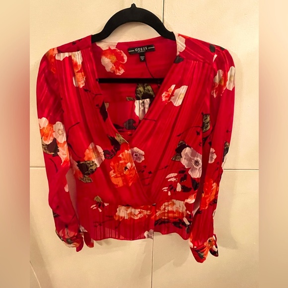 GUESS Adiva Shadow-Striped Peplum Top Rose Print Red Size XS - Picture 3 of 4